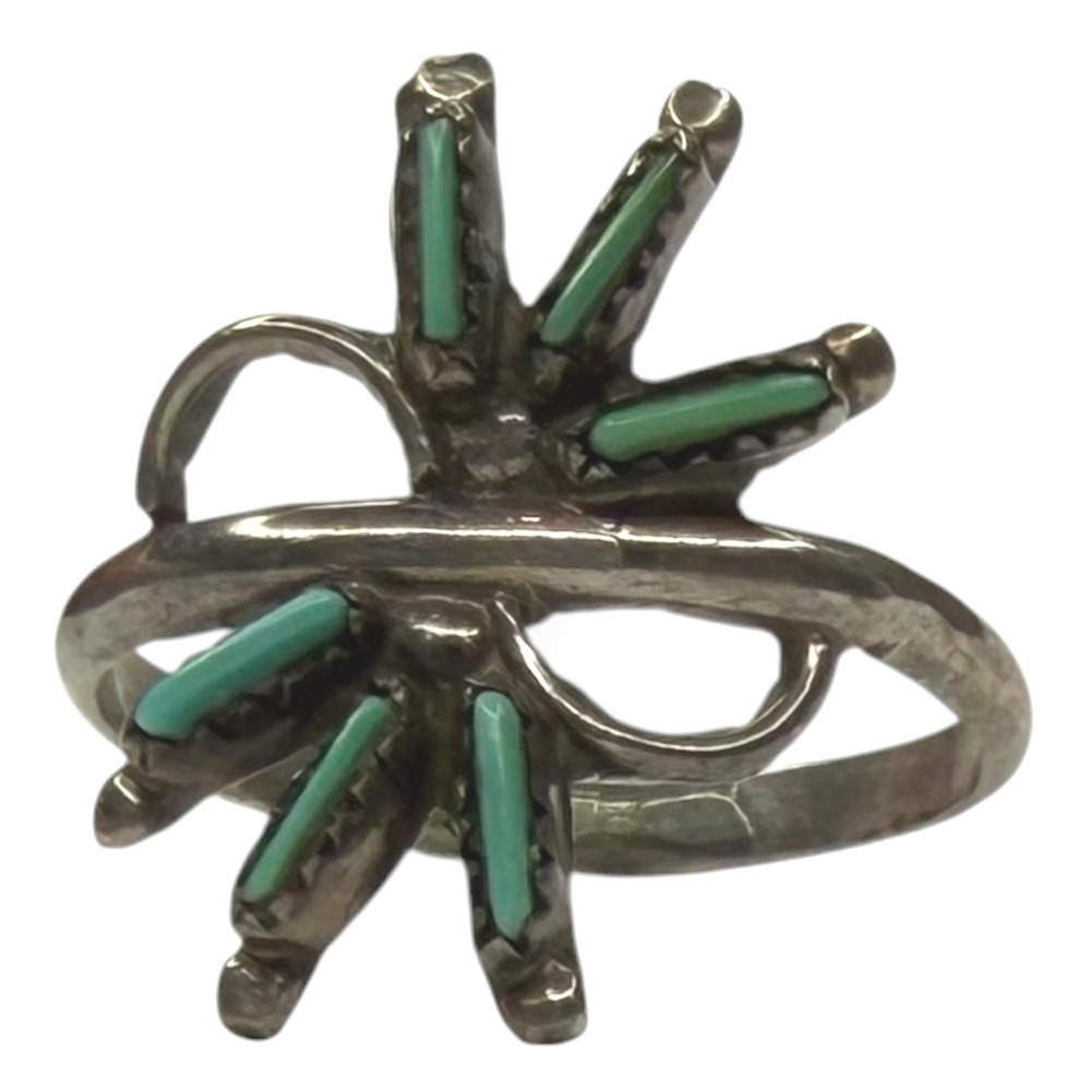 Zuni Needlepoint Ring Sterling Silver Size 6 Turquoise Sunburst